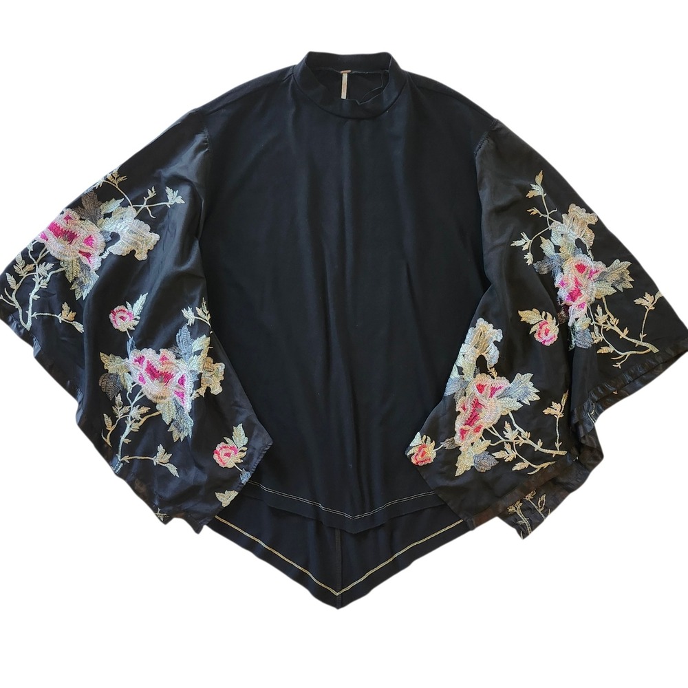 Free People Sydney Tuesday Black Kimono Sleeve Floral Embroidered Blouse Shirt M - Picture 5 of 9
